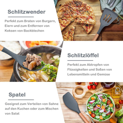 Silikon Küchenhelfer Set 6-teilig mit Holzgriff Antihaft Grau
