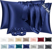 2er Set Satin Kissenbezug 50x80 Dunkelblau mit Haargummis