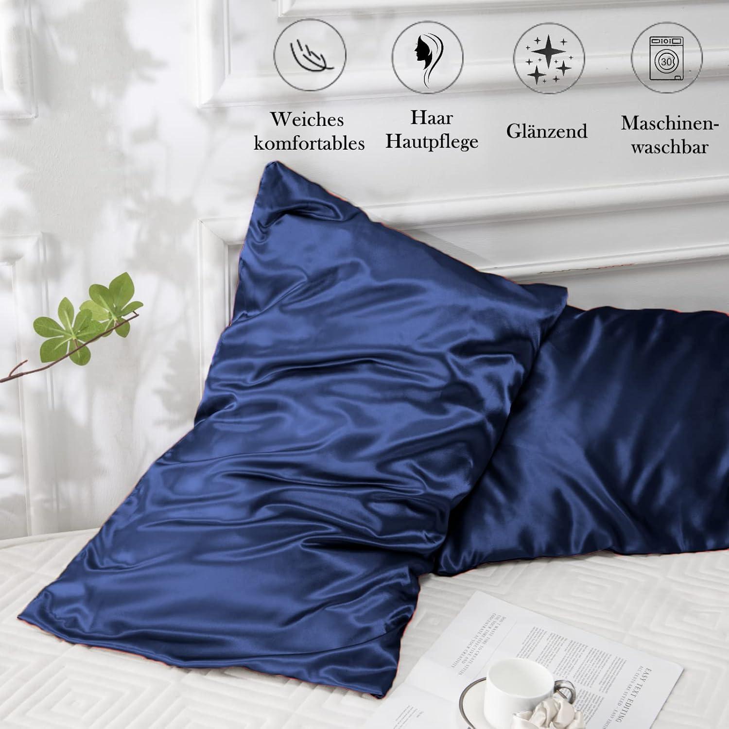 2er Satin Kissenbezug 50x80 Dunkelblau mit Haargummis - Haut- & Haarschutz