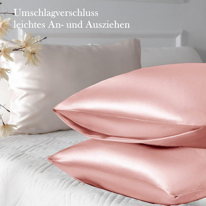 Satin Kissenbezug 50x70 Rosa mit Haargummis