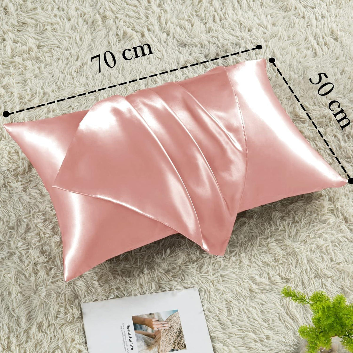 2er Set Satin Kissenbezug 50x70 Rosa mit Haargummis