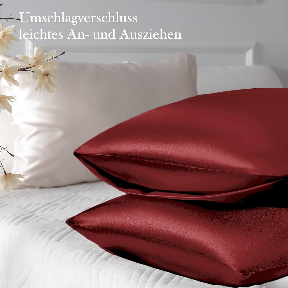 Satin Kissenbezug 50x70 Rot mit Haargummis 2er Set