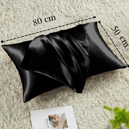 Satin Kissenbezug 2er Set 50x80 Schwarz mit Haargummis