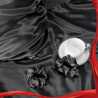 Satin Kissenbezug 50x80 Schwarz 2er Set Haargummis inkl, Pflege für