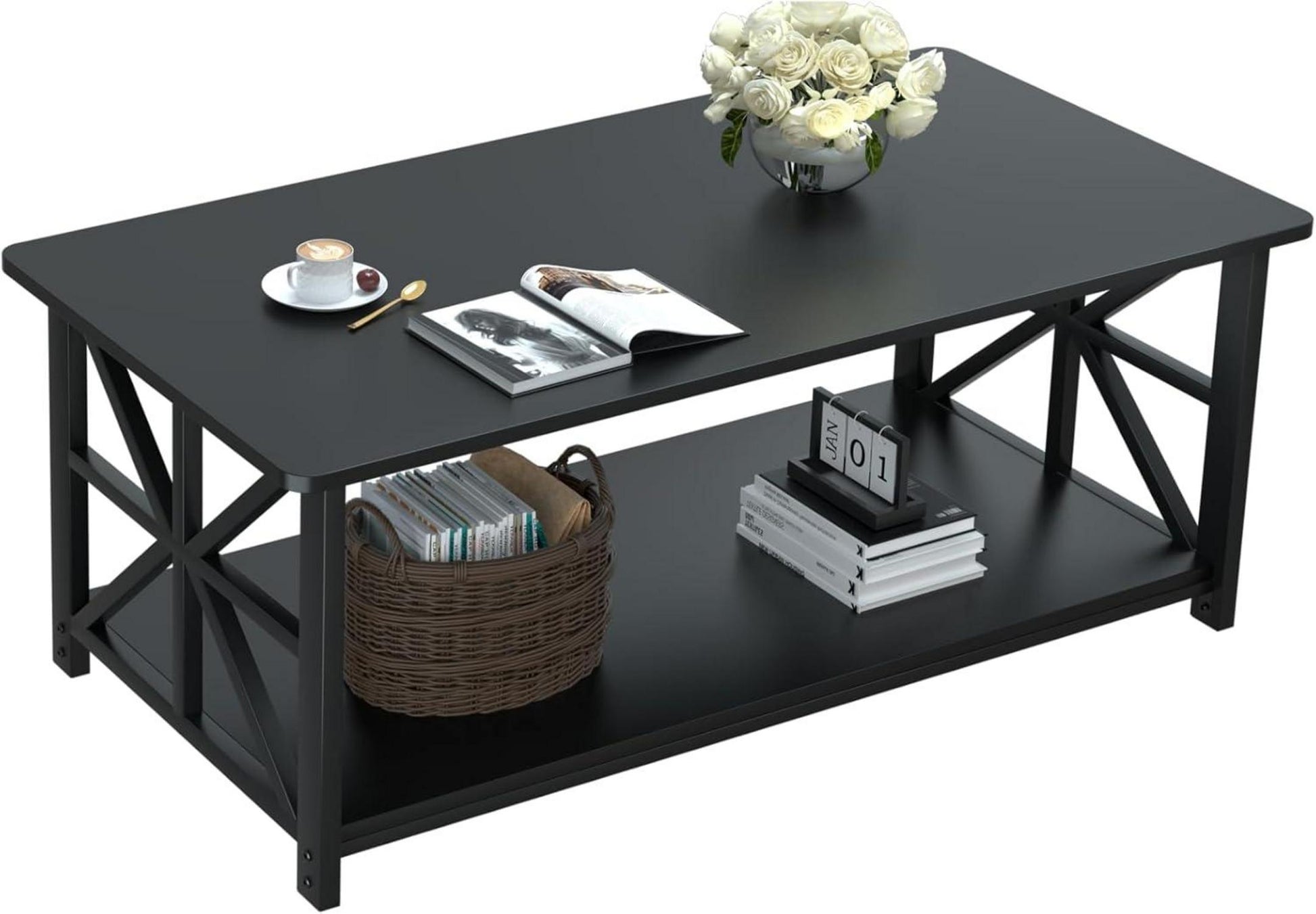 Couchtisch mit Stauraum und Regal, Industriestil, Schwarz