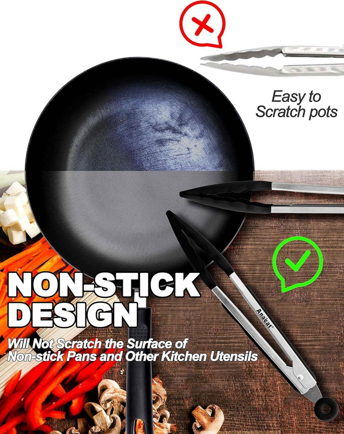 Antihaft-Silikon-Greifzange 18 cm Edelstahl hitzebeständig bis 480 °F