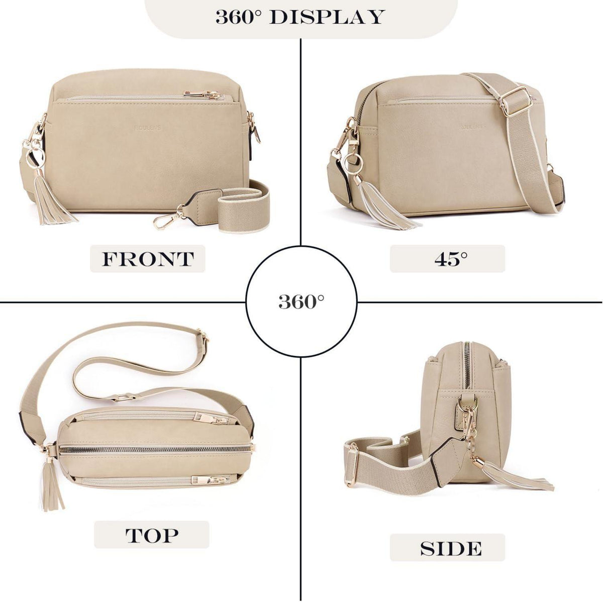 Damen Umhängetasche Veganem Leder Crossbody 3 Reißverschlusstaschen