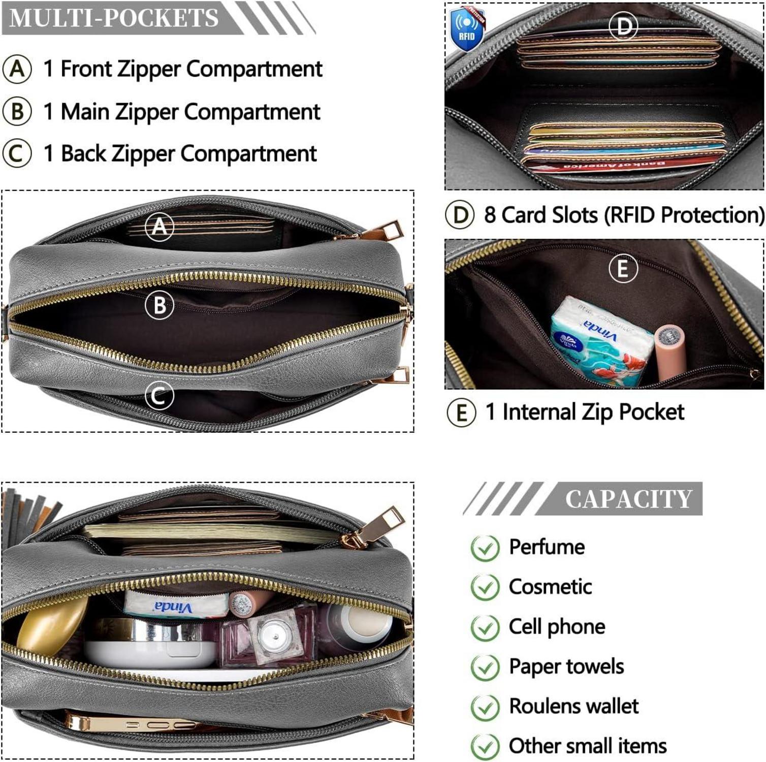Damen Umhängetasche Veganem Leder Crossbody Schultertasche mit 3 Reißverschlussfächern C-dunkelgrau