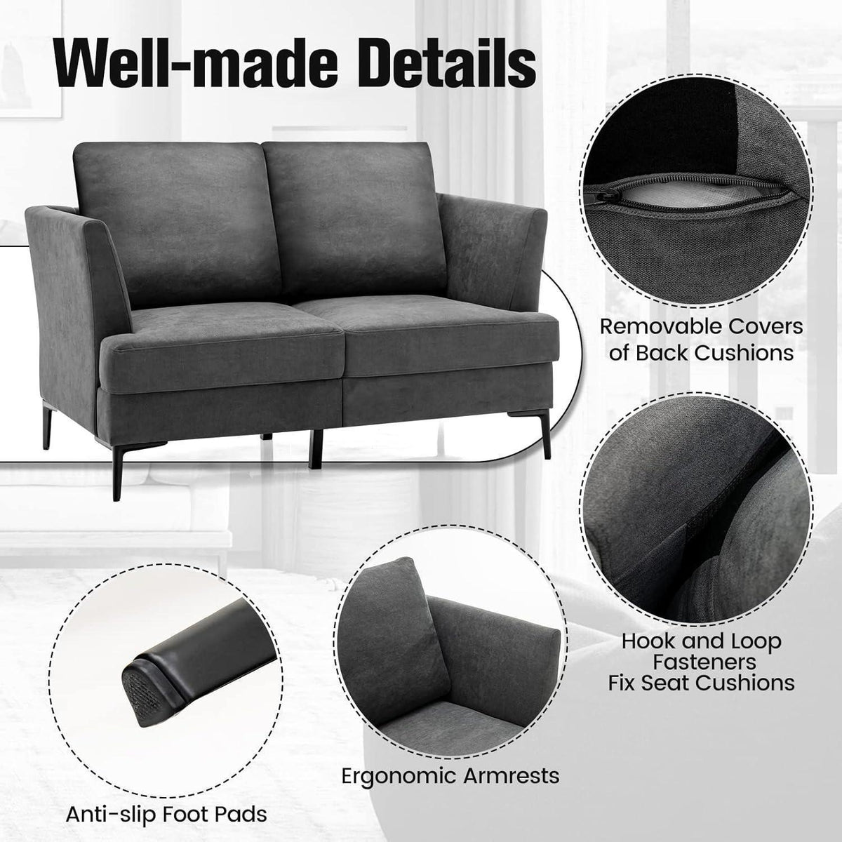 2-Sitzer Sofa mit abnehmbaren Kissen & Metallbeinen