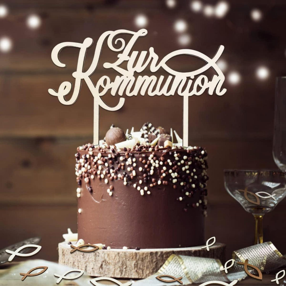 Cake Topper Kommunion Holz 1 Stück & 48 Holz Fische Tischdeko