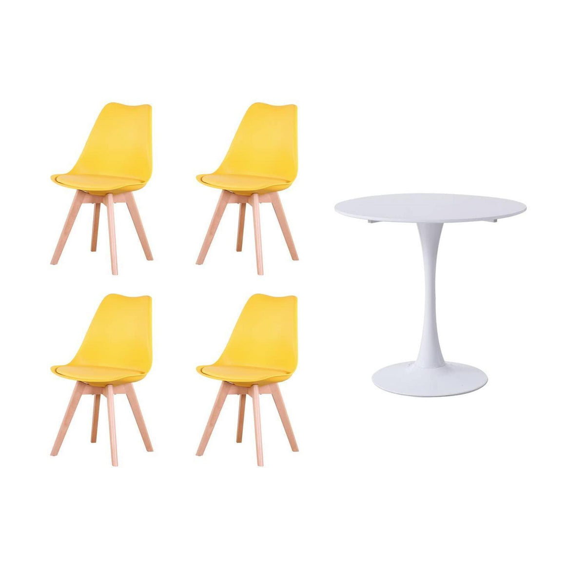 Runder Esstisch weiß mit 4 gelben Esszimmerstühlen – Modernes Esszimmer Set