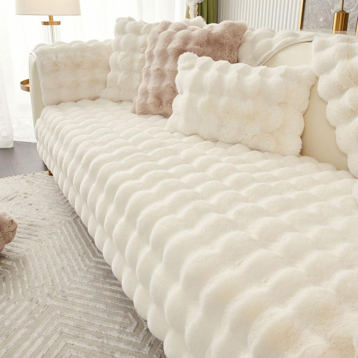 Weicher Sofaüberzug Kunstpelz Rutschfest Beige 90x180cm