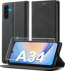 Hülle für Samsung Galaxy A34 5G Leder Wallet Flip Case mit Schutzfolie