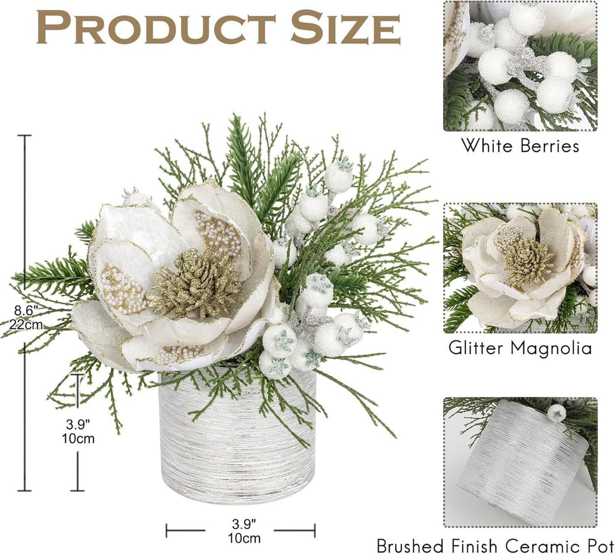 Kunstpflanze Weihnachtsdeko Magnolie Gesteck Keramiktopf