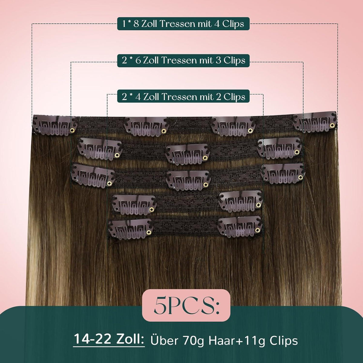 Echthaar Clip-In Haarverlängerung Braun Blond Balayage Ombre