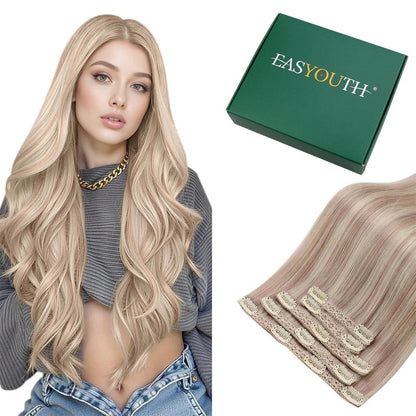 Clip-in Haarverlängerung Echthaar Aschblond Mix Gelb Blond 40cm