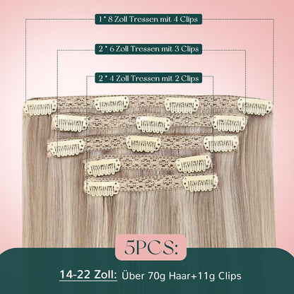 Clip-in Haarverlängerung Echthaar Aschblond Mix Gelb Blond 40cm