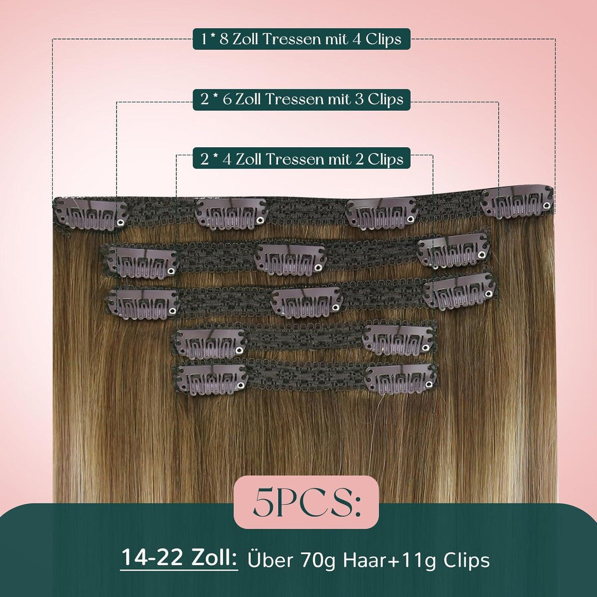 Clip-In Haarverlängerung Echthaar Balayage Braun Ombre