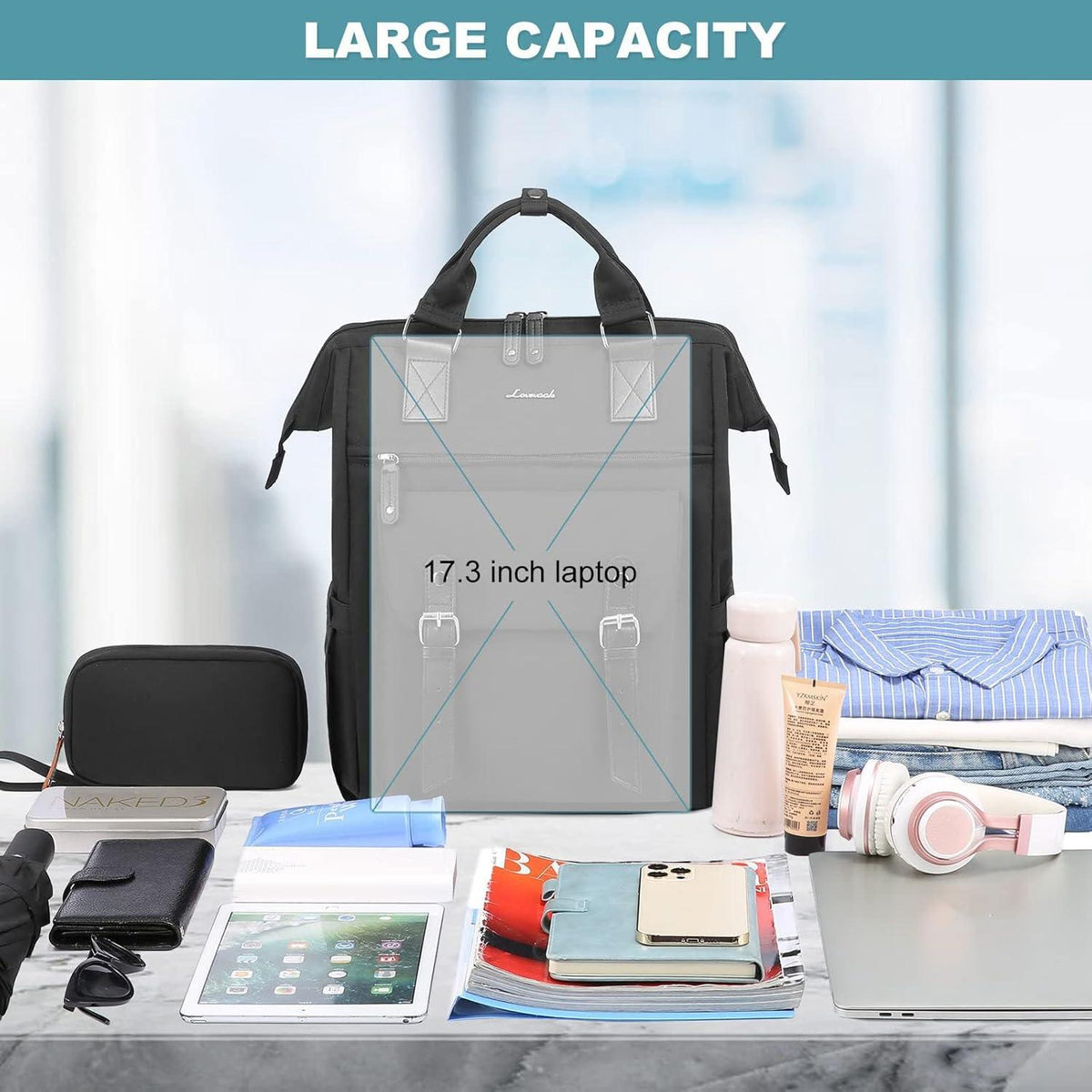 Damen Rucksack Groß Laptop Schulrucksack Wasserdicht 17 Zoll Schwarz