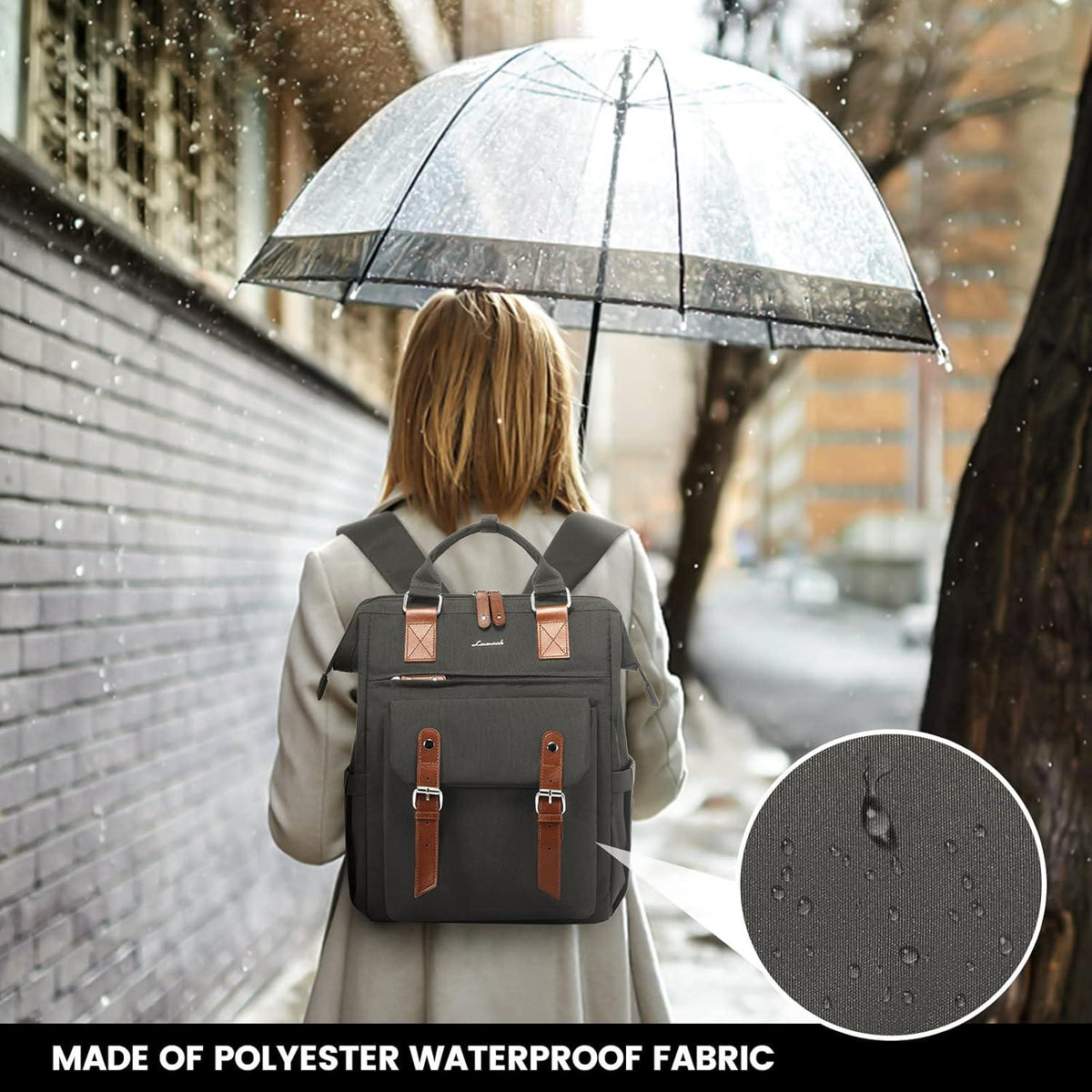Damenrucksack 15,6 Zoll mit USB Ladeanschluss Wasserdicht Schwarz