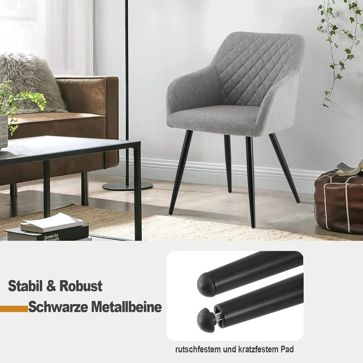 Esszimmerstühle Set 4er Grau, Modern mit Armlehnen & Leinenbezug
