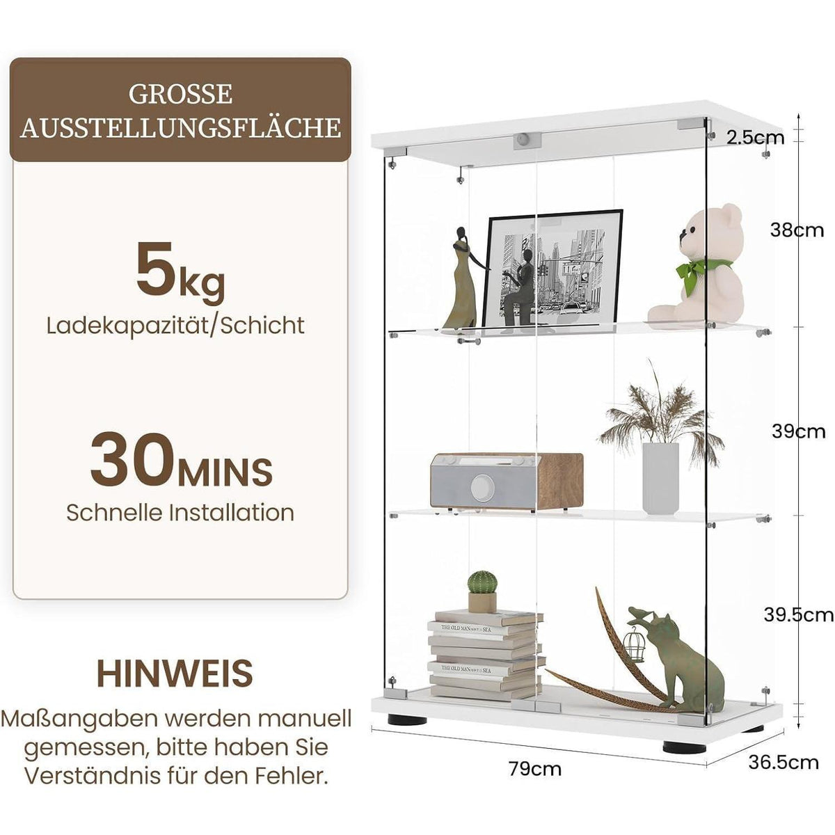 Standvitrine Weiß – Glasvitrine mit 3 Böden & Schloss