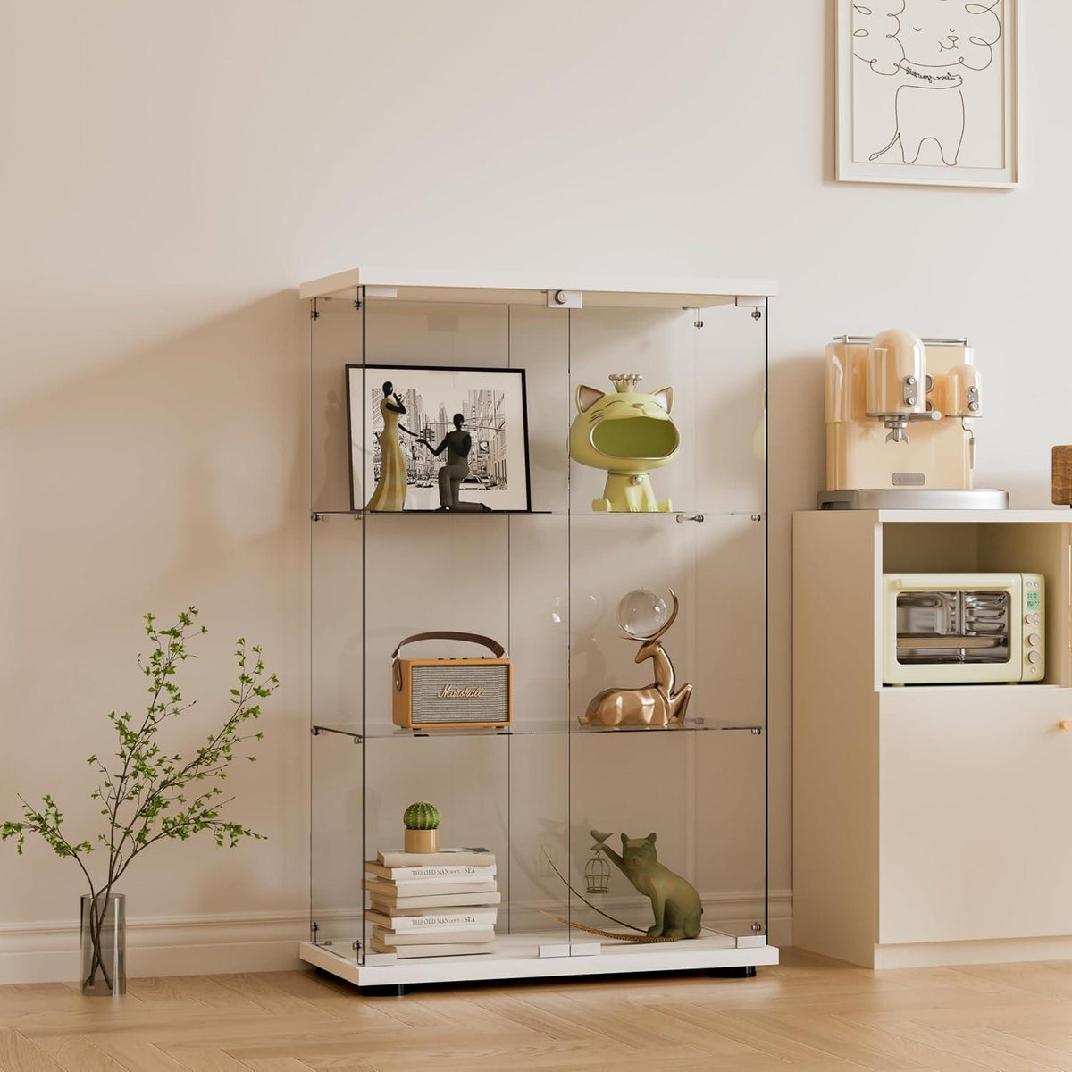 Standvitrine Weiß – Glasvitrine mit 3 Böden & Schloss
