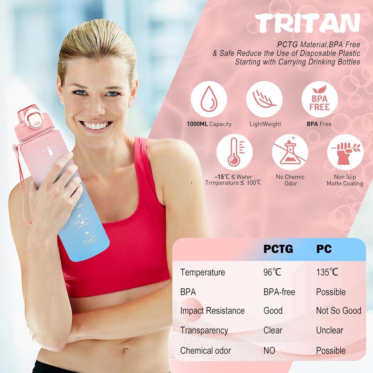 Trinkflasche Sport 1l BPA-frei Tritan Wasserflasche Auslaufsicher mit Strohhalm und Zeitmarkierung