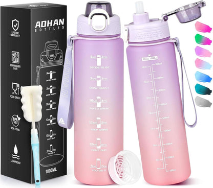 Trinkflasche Sport 1l BPA-frei mit Strohhalm und Zeitmarkierung