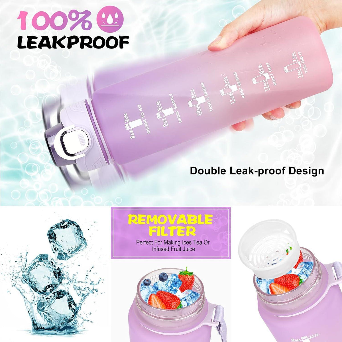 Trinkflasche Sport 1l BPA-frei mit Strohhalm und Zeitmarkierung