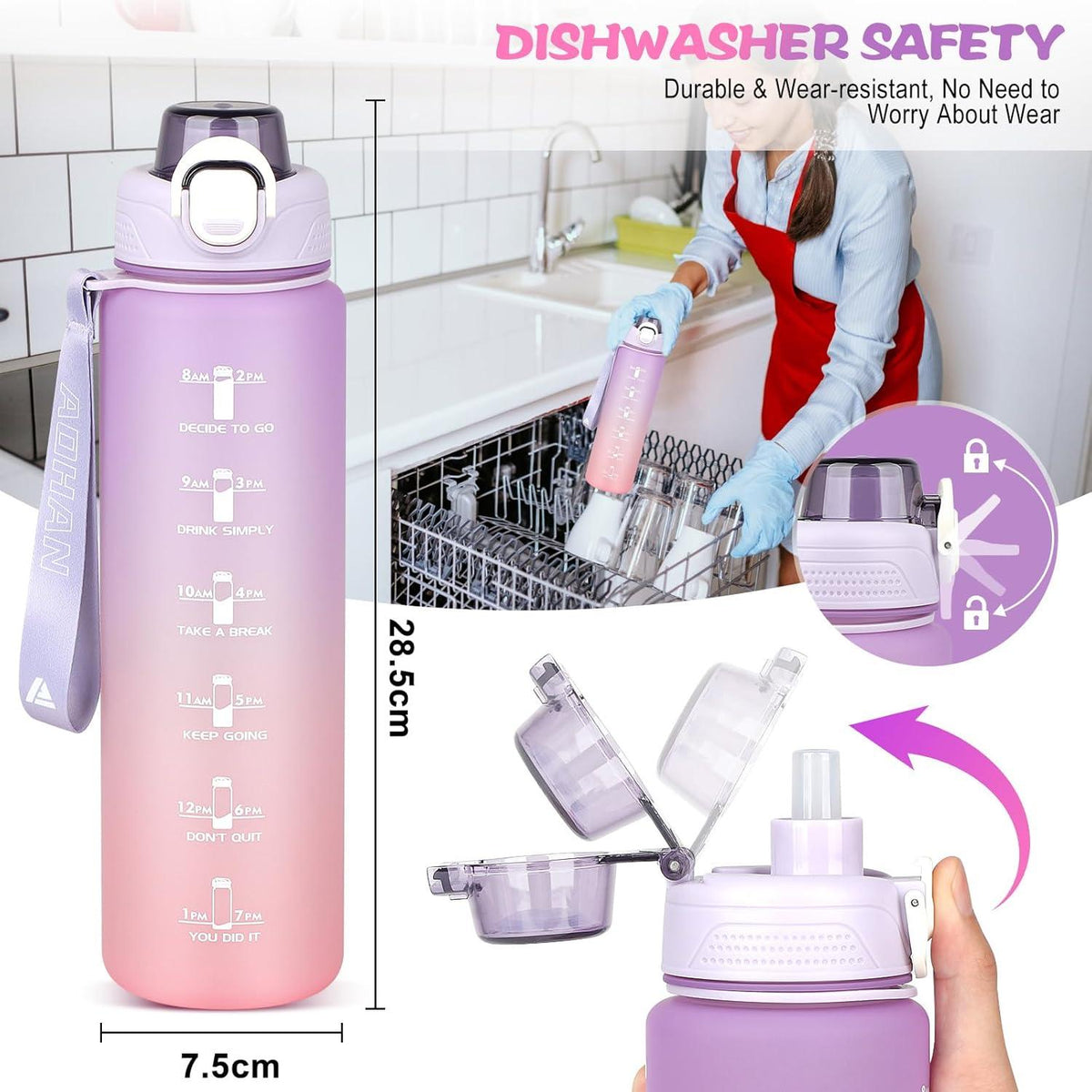 AOHAN Trinkflasche Sport 1l BPA-Frei Auslaufsicher Strohhalm Zeitmarkierung