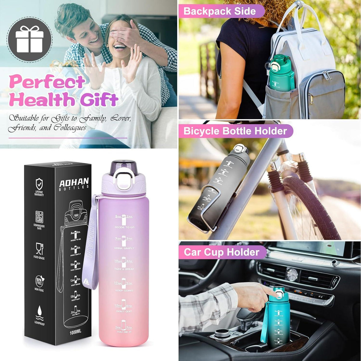 AOHAN Trinkflasche Sport 1l BPA-Frei Auslaufsicher Strohhalm Zeitmarkierung