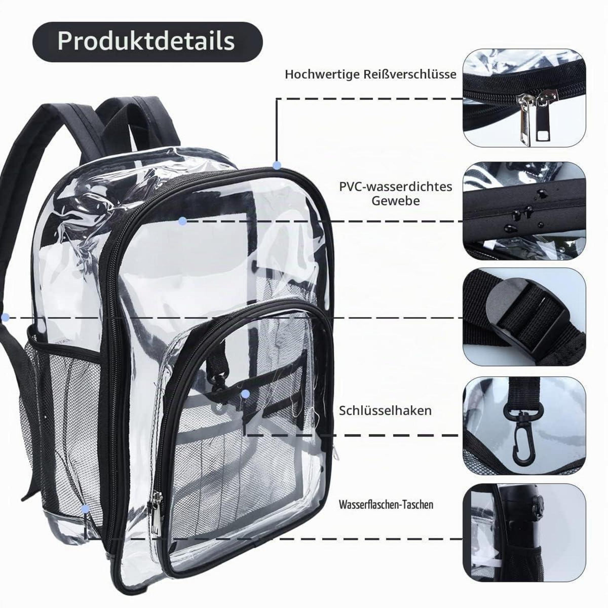 Transparenter Rucksack PVC Wasserdicht – Schulrucksack 33x25x10cm