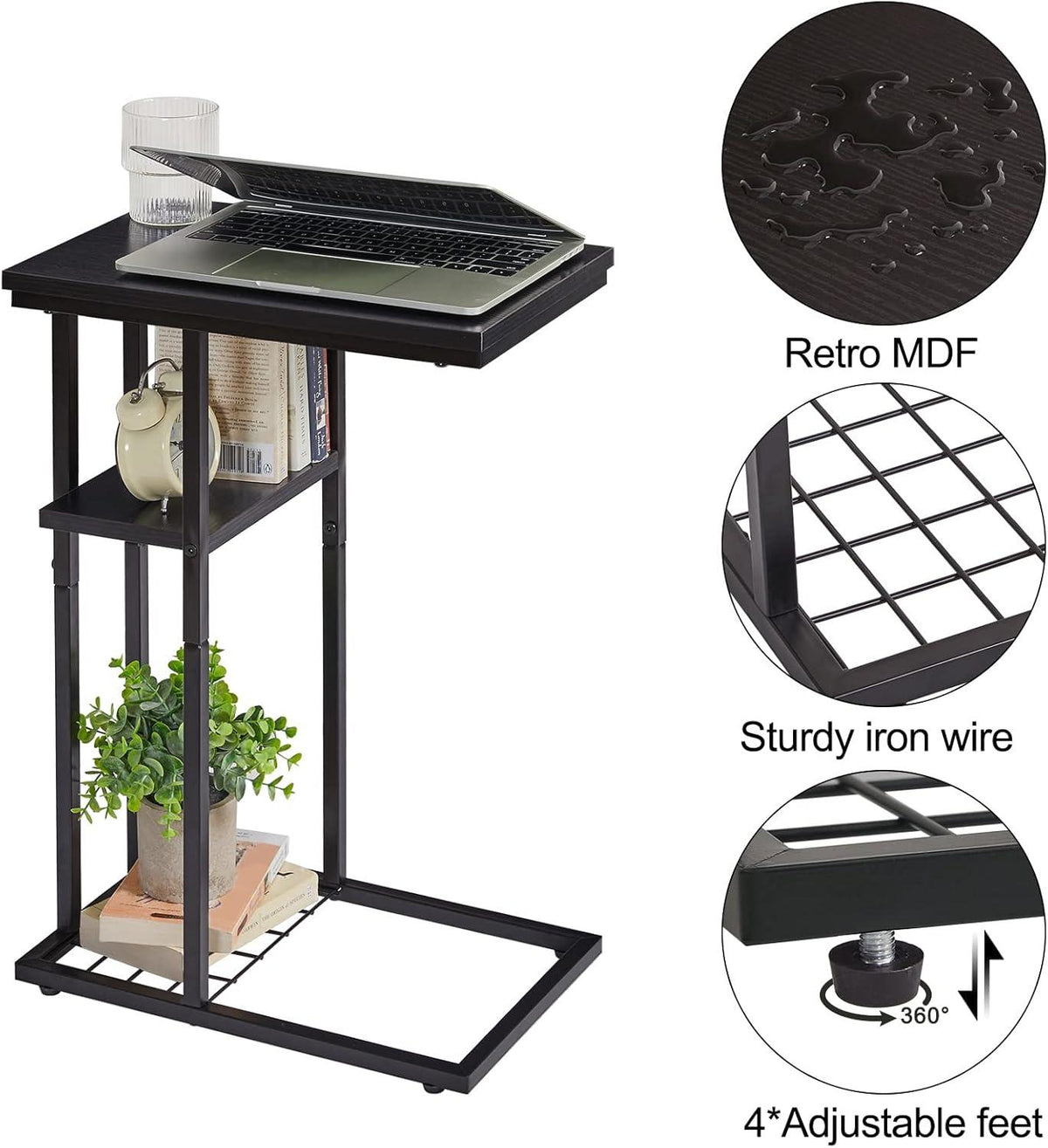 YMYNY Beistelltisch C-Form Industrie-Design 2er-Set Schwarz 40x26x61.5cm