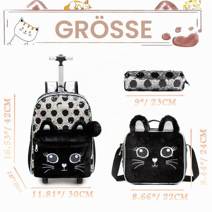 Schultrolley Set Mädchen 3in1 mit Rucksack & Lunchtasche - Katze Schwarz