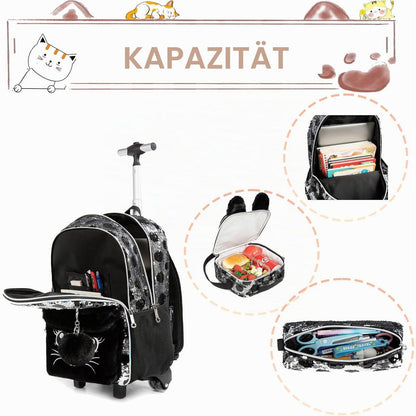 Schultrolley Set Mädchen 3in1 mit Rucksack & Lunchtasche - Katze Schwarz