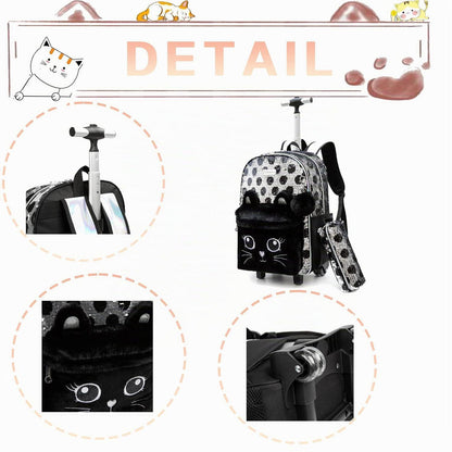 Schultrolley Set Mädchen 3in1 mit Rucksack & Lunchtasche - Katze Schwarz