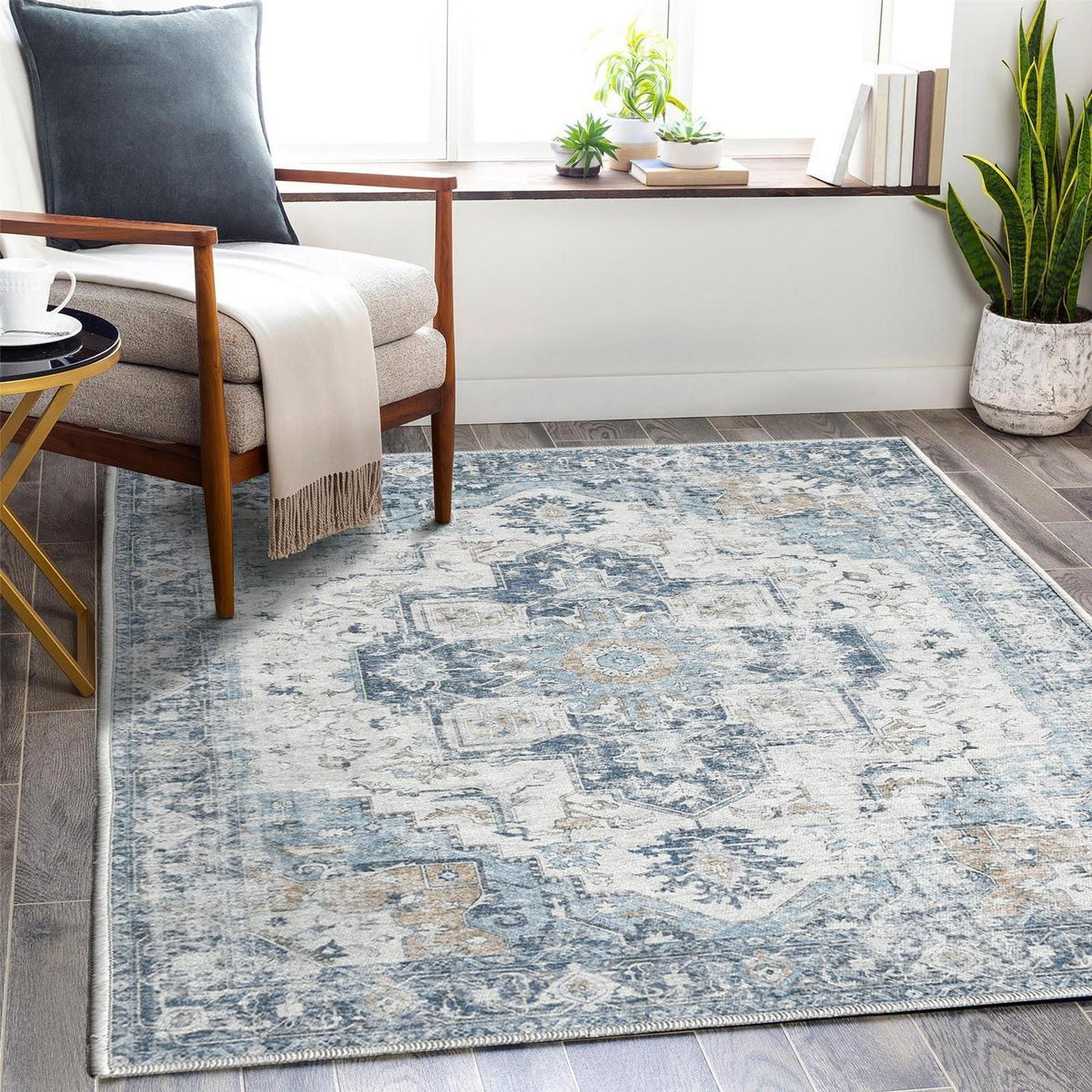 Blauer Vintage Teppich Floral 150x210cm – Waschbarer Kurzflor Läufer