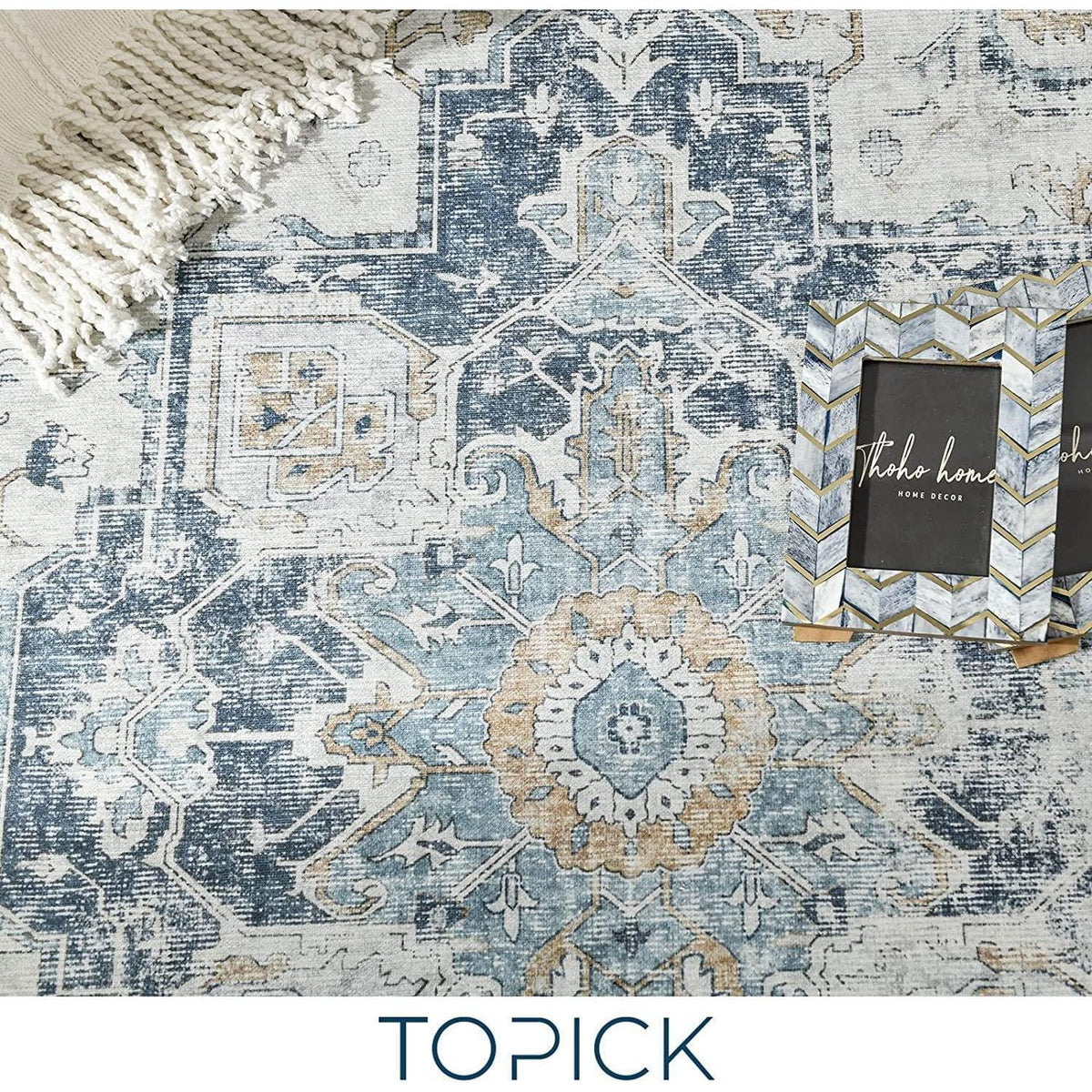 Blauer Vintage Teppich Floral 150x210cm – Waschbarer Kurzflor Läufer