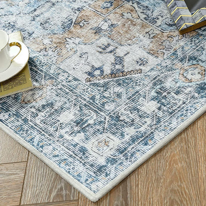 Blauer Vintage Teppich Floral 150x210cm – Waschbarer Kurzflor Läufer