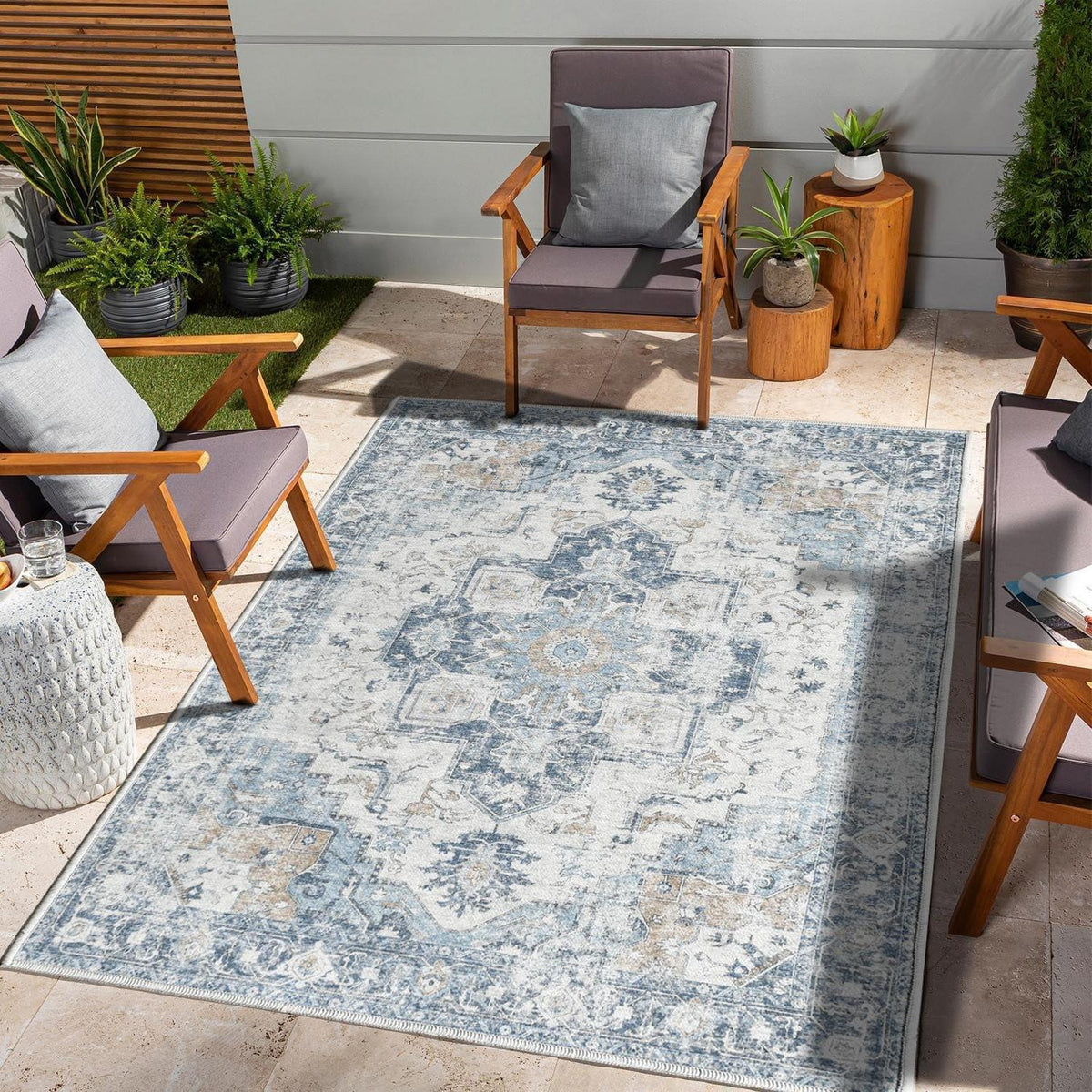 Blauer Vintage Teppich Floral 150x210cm – Waschbarer Kurzflor Läufer