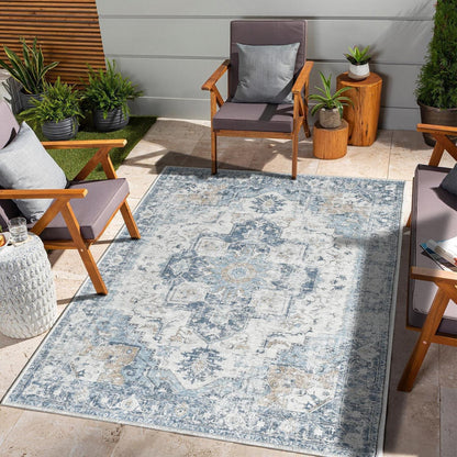 Blauer Vintage Teppich Floral 150x210cm – Waschbarer Kurzflor Läufer
