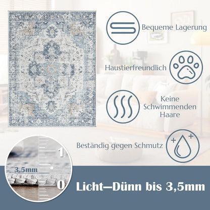 Blauer Vintage Teppich Floral 150x210cm – Waschbarer Kurzflor Läufer
