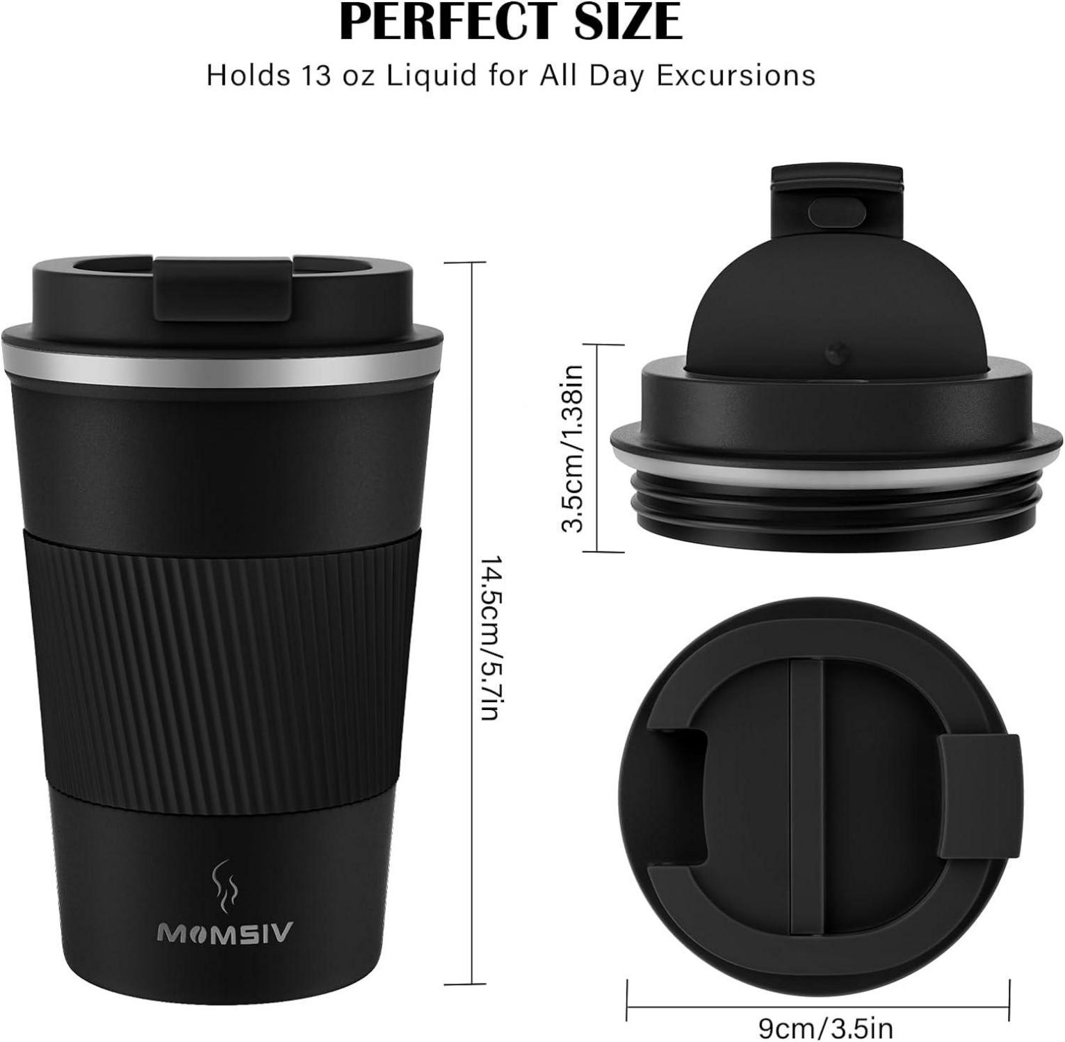 Thermobecher Isolierbecher 380ml Edelstahl Travel Mug Schwarz Rutschfest