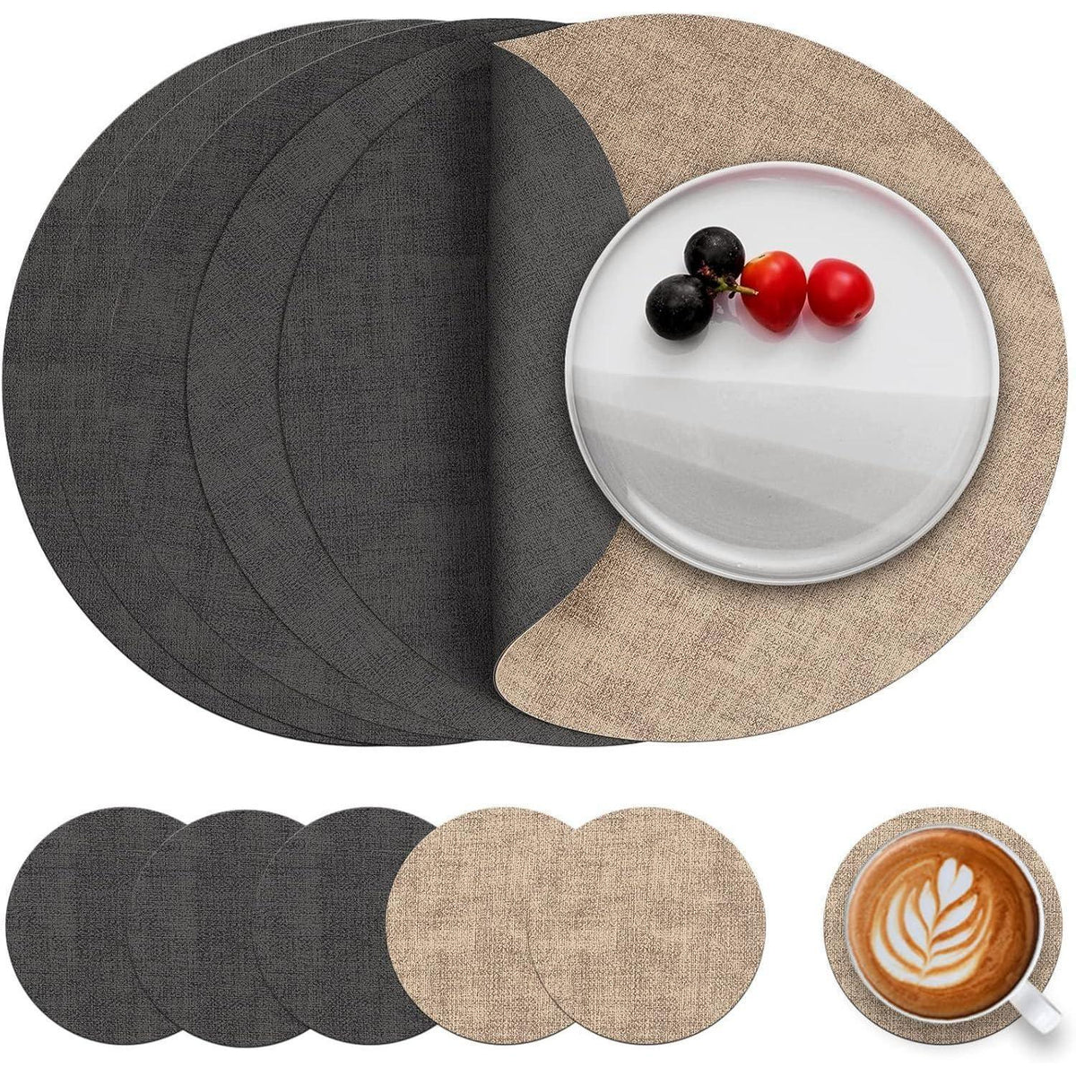 Platzsets Rund 36cm Abwaschbar 6er Set Grau Beige in Lederoptik