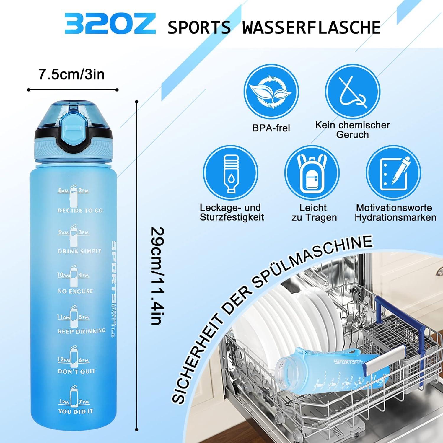 Sport Trinkflasche 1L BPA-frei Stroh Auslaufsicher Zeitmarkierungen