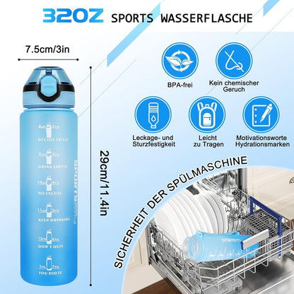 Sport Trinkflasche 1L BPA-frei Stroh Auslaufsicher Zeitmarkierungen