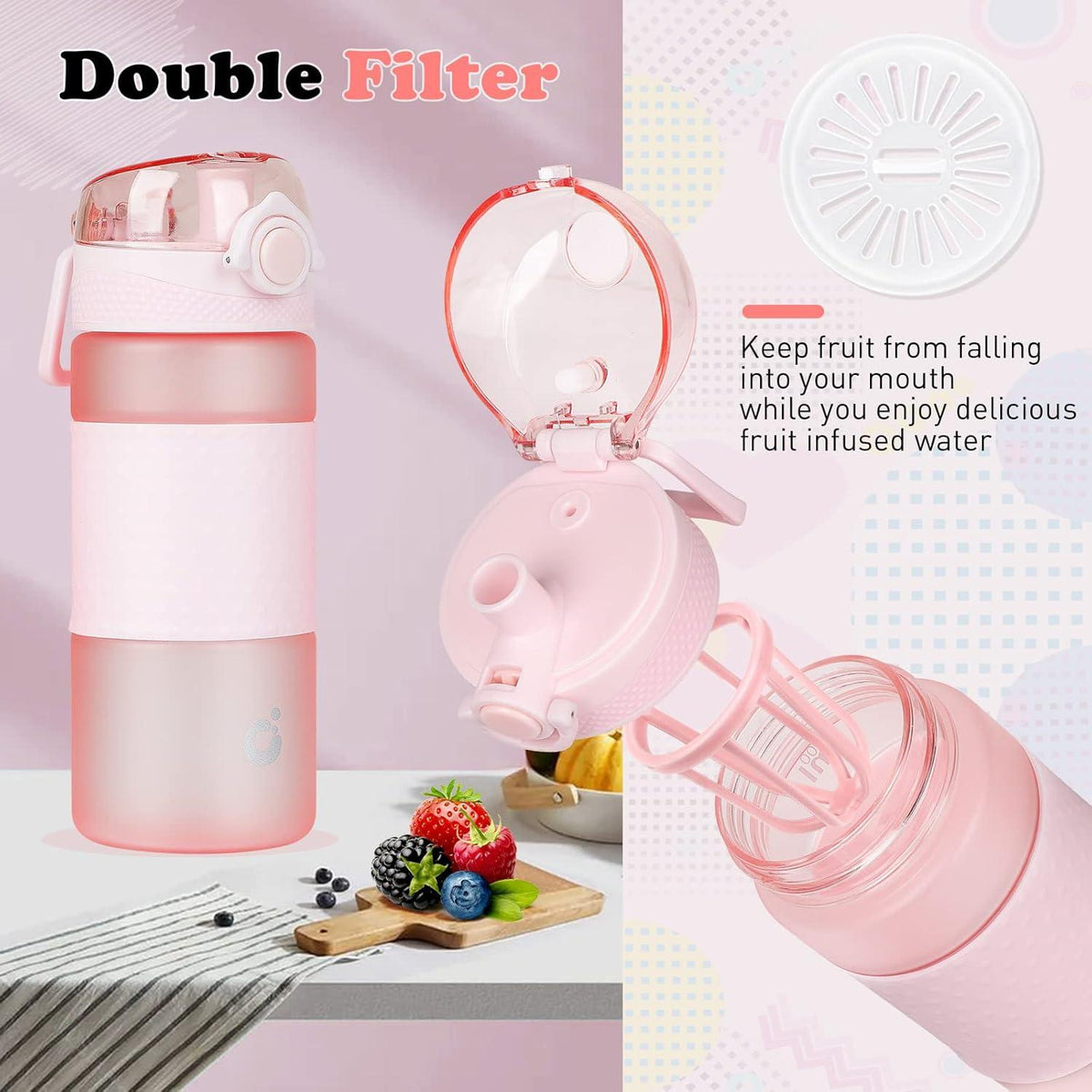 Kinder Trinkflasche 500ml BPA frei Auslaufsicher Griff Fruchteinsatz Rose