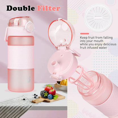 Kinder Trinkflasche 500ml BPA frei Auslaufsicher Griff Fruchteinsatz Rose
