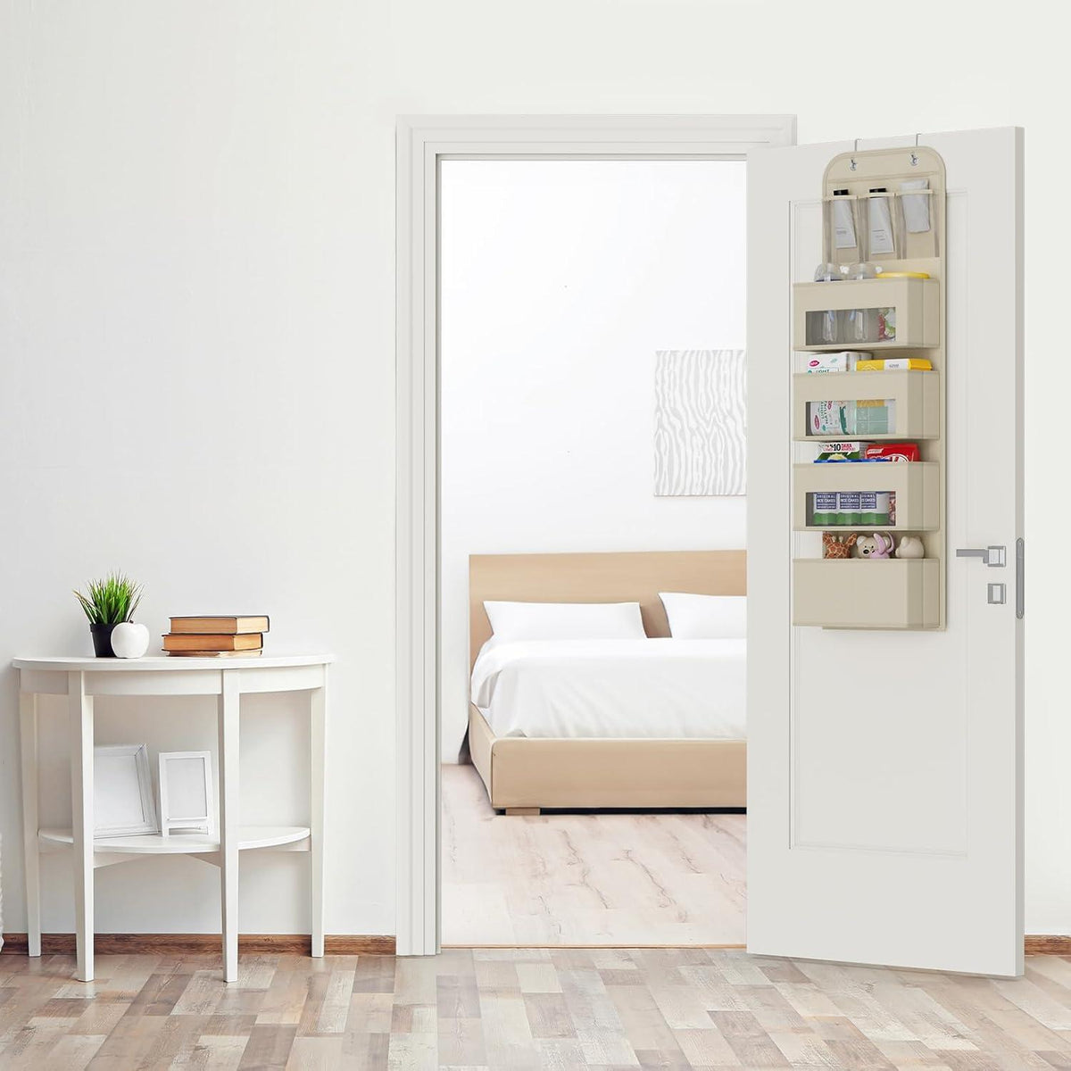Tür Organizer Hängeorganizer 4 Große Taschen Fenster PVC 2 Metallhaken Beige